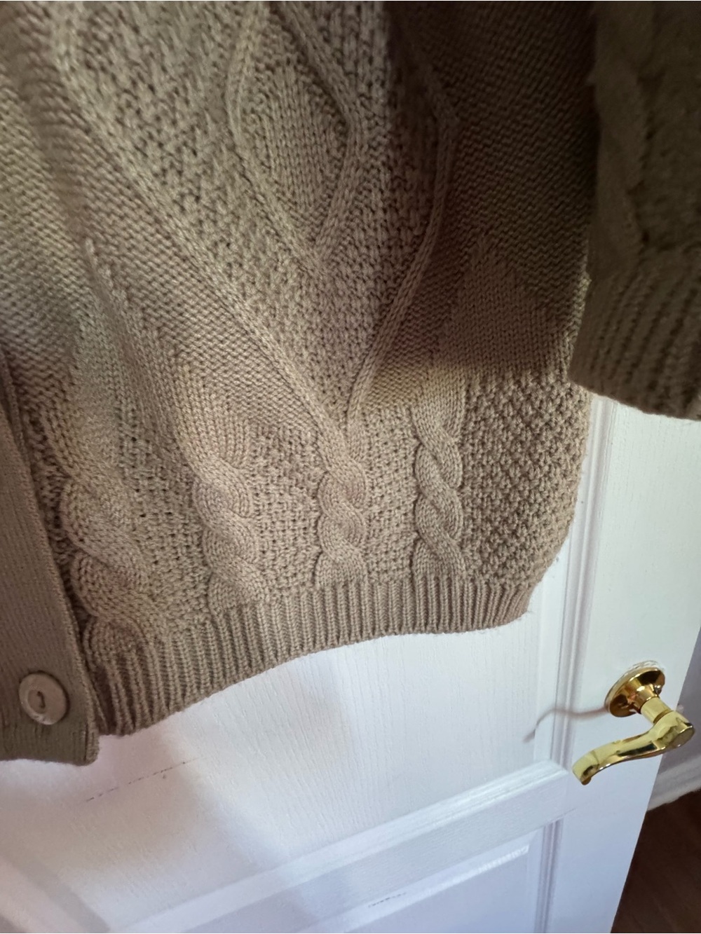 Taupe Cable Knit Button-Up Cardigan. Ptp 23 inches - Picture 6 of 8